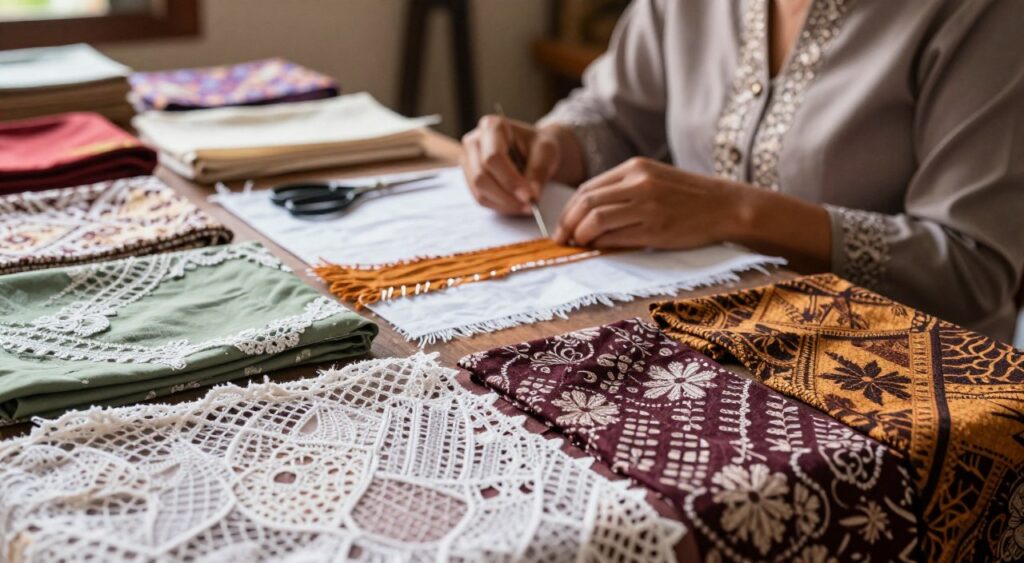 A close-up composition featuring a variety of traditional kebaya materials, emphasizing intricate fabrics such as batik and lace in vibrant colors. The foreground showcases delicate embroidery threads, textures, and patterns, artistically arranged to highlight their craftsmanship. In the middle, a skilled artisan is depicted in modest, professional attire, focused on hand-sewing a kebaya, surrounded by sewing tools like needles, scissors, and swatches. The background is softly blurred, suggesting a traditional workshop or studio bathed in warm, natural lighting, creating an intimate and inviting atmosphere. The scene captures the elegance and artistry of Balinese fashion by showcasing the materials and techniques that define kebaya design, with a depth of field that emphasizes both detail and craftsmanship. A close-up composition featuring a variety of traditional kebaya materials, emphasizing intricate fabrics such as batik and lace in vibrant colors. The foreground showcases delicate embroidery threads, textures, and patterns, artistically arranged to highlight their craftsmanship. In the middle, a skilled artisan is depicted in modest, professional attire, focused on hand-sewing a kebaya, surrounded by sewing tools like needles, scissors, and swatches. The background is softly blurred, suggesting a traditional workshop or studio bathed in warm, natural lighting, creating an intimate and inviting atmosphere. The scene captures the elegance and artistry of Balinese fashion by showcasing the materials and techniques that define kebaya design, with a depth of field that emphasizes both detail and craftsmanship.