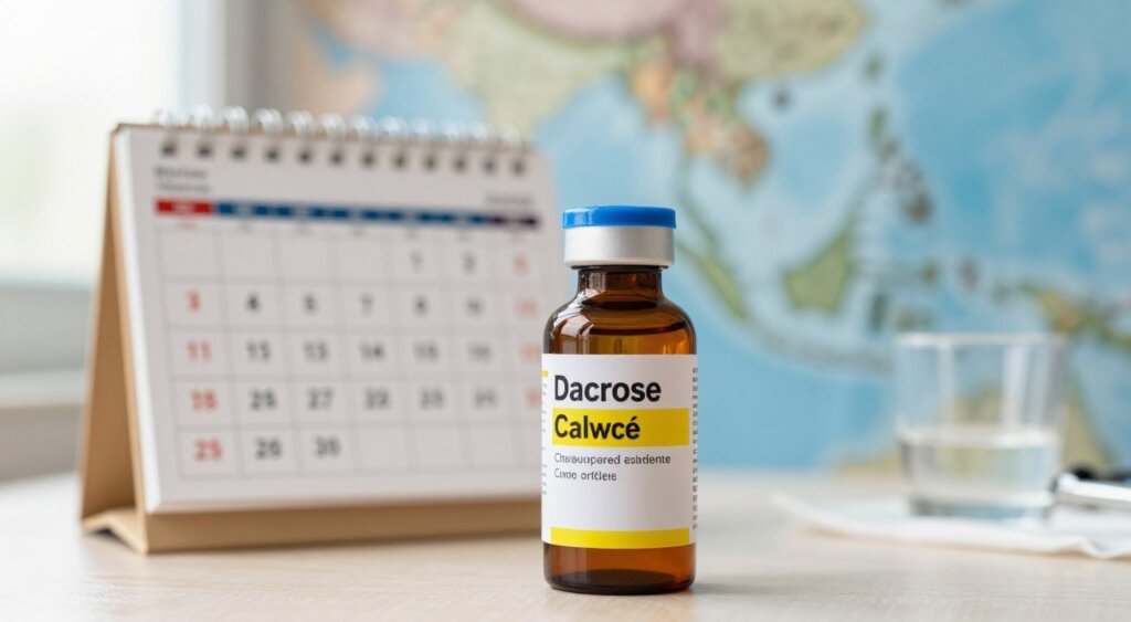 A close-up view of a malaria medication bottle prominently displayed in the foreground, surrounded by a clinical setting. The bottle showcases a label indicating dosage instructions, with vibrant colors highlighting the medication's importance. In the middle ground, a detailed calendar with specific dates marked for timing of doses, illustrating a schedule for chemoprophylaxis. The background features a softly blurred map of Southeast Asia, hinting at the travel context, with natural lighting streaming in from a nearby window, creating a warm and inviting atmosphere. The image captures a professional and informative mood, reminiscent of National Geographic photojournalism, emphasizing health and prevention strategies in a clear and engaging manner. A close-up view of a malaria medication bottle prominently displayed in the foreground, surrounded by a clinical setting. The bottle showcases a label indicating dosage instructions, with vibrant colors highlighting the medication's importance. In the middle ground, a detailed calendar with specific dates marked for timing of doses, illustrating a schedule for chemoprophylaxis. The background features a softly blurred map of Southeast Asia, hinting at the travel context, with natural lighting streaming in from a nearby window, creating a warm and inviting atmosphere. The image captures a professional and informative mood, reminiscent of National Geographic photojournalism, emphasizing health and prevention strategies in a clear and engaging manner.