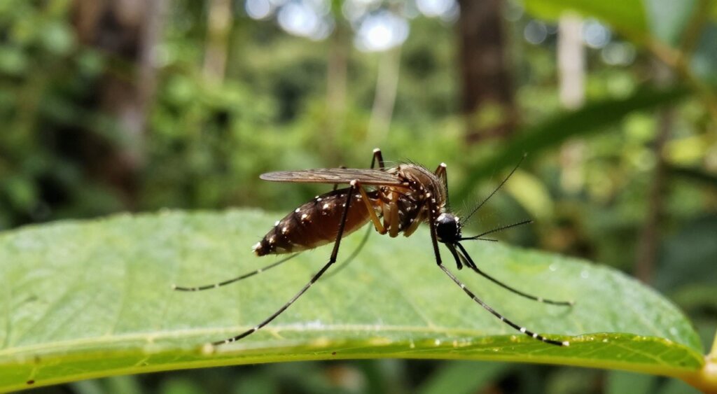 A close-up view of a resilient mosquito resting on a leaf, showcasing details of its strong, iridescent wings and distinctive markings. In the background, a lush Southeast Asian landscape with dense vegetation, hinting at the tropical environment where mosquito-borne diseases proliferate. The foreground is sharp with focused lighting highlighting the mosquito, while the middle ground softly blurs to emphasize the subject. The atmosphere conveys a sense of urgency and challenge in mosquito control efforts, with natural sunlight filtering through the leaves, creating a dappled effect. The image should evoke a realistic, professional photojournalism style, resembling an award-winning National Geographic photograph, without any people or text elements.