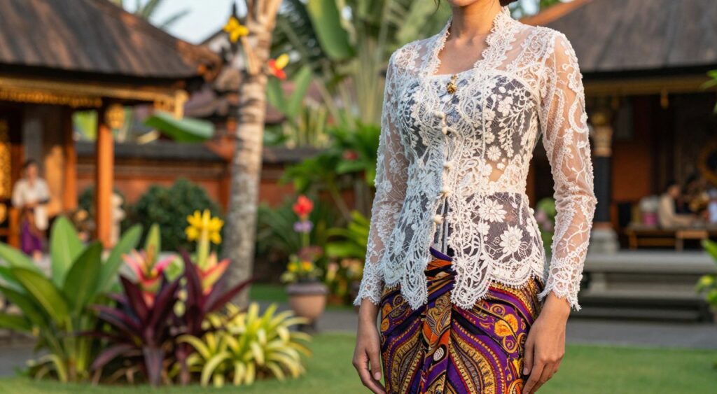 A close-up view of a vibrant Bali kebaya, showcasing intricate traditional lacework and colorful batik patterns. The foreground features a model wearing a beautifully tailored kebaya with elegant embroidery and a matching sarong, standing confidently. The middle ground includes a softly blurred tropical garden with lush greenery and exotic flowers, as well as traditional Balinese architecture in the background hinting at the cultural context. The lighting is soft and warm, mimicking golden hour, highlighting the textures of the kebaya and the model's expression of grace. The composition should have a harmonious and inviting mood, perfect for illustrating the latest styles and trends in Balinese fashion. A close-up view of a vibrant Bali kebaya, showcasing intricate traditional lacework and colorful batik patterns. The foreground features a model wearing a beautifully tailored kebaya with elegant embroidery and a matching sarong, standing confidently. The middle ground includes a softly blurred tropical garden with lush greenery and exotic flowers, as well as traditional Balinese architecture in the background hinting at the cultural context. The lighting is soft and warm, mimicking golden hour, highlighting the textures of the kebaya and the model's expression of grace. The composition should have a harmonious and inviting mood, perfect for illustrating the latest styles and trends in Balinese fashion.