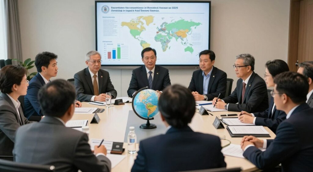 A collaborative meeting scene showcasing representatives from international organizations focused on food safety cooperation in Southeast Asia. The foreground features individuals in professional business attire, engaged in discussion, with diverse ethnic backgrounds. The middle ground includes a large, round conference table with charts, documents, and a globe emphasizing global collaboration. In the background, a large screen displays maps and figures related to food safety statistics. Soft, natural lighting floods the room, creating a warm and inviting atmosphere, while a slight depth of field focuses attention on the speakers. The image conveys a sense of urgency and commitment to preventing foodborne illnesses through teamwork and communication.
