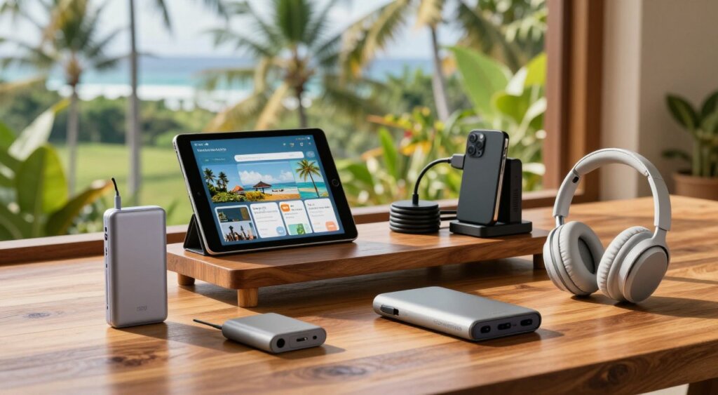 A collection of innovative travel tech gadgets designed for modern travelers visiting Bali, set on a vibrant wooden table. In the foreground, showcase a compact power bank, a high-quality noise-canceling headphone, and a portable Wi-Fi hotspot, all arranged artistically. The middle layer features a sleek tablet with a travel app open, and a multi-device charging station with various cables neatly organized. In the background, a tropical Bali landscape can be subtly visible through a large window, highlighting lush greenery and a hint of ocean view, bathed in warm, natural sunlight. The image should evoke a sense of adventure and efficiency, styled in a realistic photojournalism manner, with a clear focus and soft bokeh effect to create depth.