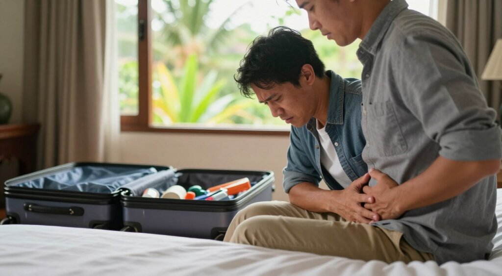A concerned traveler sitting on a hotel bed in Bali, visibly uncomfortable due to symptoms of traveler's diarrhea. The foreground features a well-dressed individual in casual clothing, with a hand on their stomach, reflecting unease. In the middle ground, a suitcase is partially open, with travel essentials scattered about, adding context to the scenario. The background shows a sunlit window revealing lush greenery outside, typical of a Balinese landscape. The lighting is warm and natural, creating an inviting yet serious atmosphere. The angle is slightly elevated, focusing on the traveler while capturing the serene surroundings, evoking a mix of concern and the beauty of the location, symbolizing the need for effective management of symptoms. A concerned traveler sitting on a hotel bed in Bali, visibly uncomfortable due to symptoms of traveler's diarrhea. The foreground features a well-dressed individual in casual clothing, with a hand on their stomach, reflecting unease. In the middle ground, a suitcase is partially open, with travel essentials scattered about, adding context to the scenario. The background shows a sunlit window revealing lush greenery outside, typical of a Balinese landscape. The lighting is warm and natural, creating an inviting yet serious atmosphere. The angle is slightly elevated, focusing on the traveler while capturing the serene surroundings, evoking a mix of concern and the beauty of the location, symbolizing the need for effective management of symptoms.