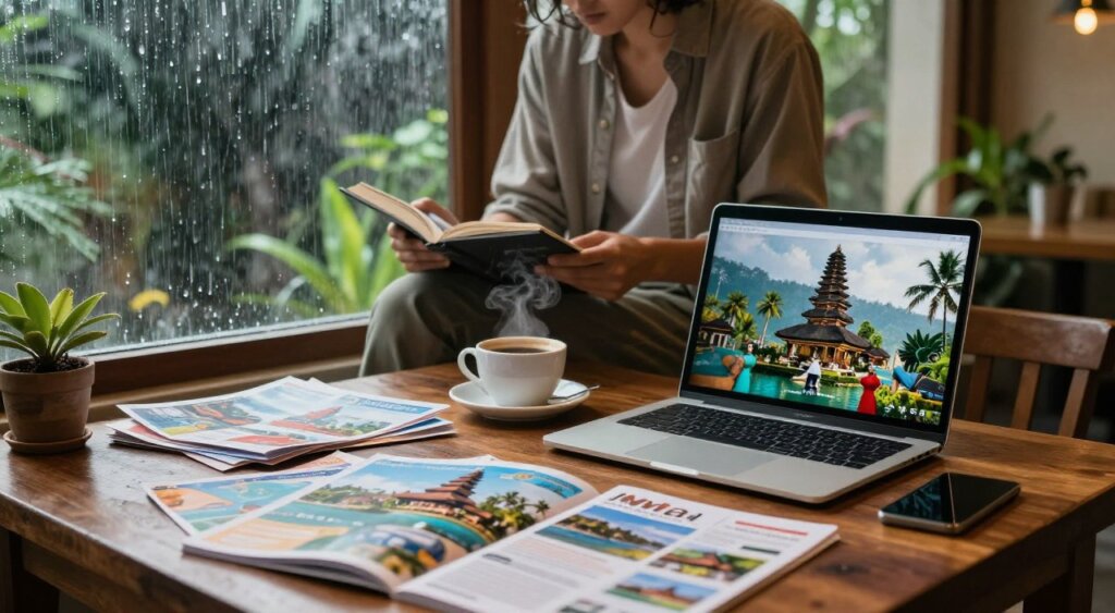 A cozy travel planning scene for a Bali trip during the rainy season. In the foreground, a wooden table cluttered with a laptop displaying a vibrant image of Bali, travel brochures, and a steaming cup of coffee. In the middle, a person wearing modest casual clothing, attentively researching destinations, surrounded by an inviting atmosphere. Soft ambient lighting from a window enhances the mood, capturing the dynamism of planning while a gentle rain patters against the glass. In the background, hints of tropical plants are visible, blurred slightly to create depth, evoking the lush greenery of Bali. The overall ambiance is warm and inspiring, reflecting the excitement of travel despite the rainy season.