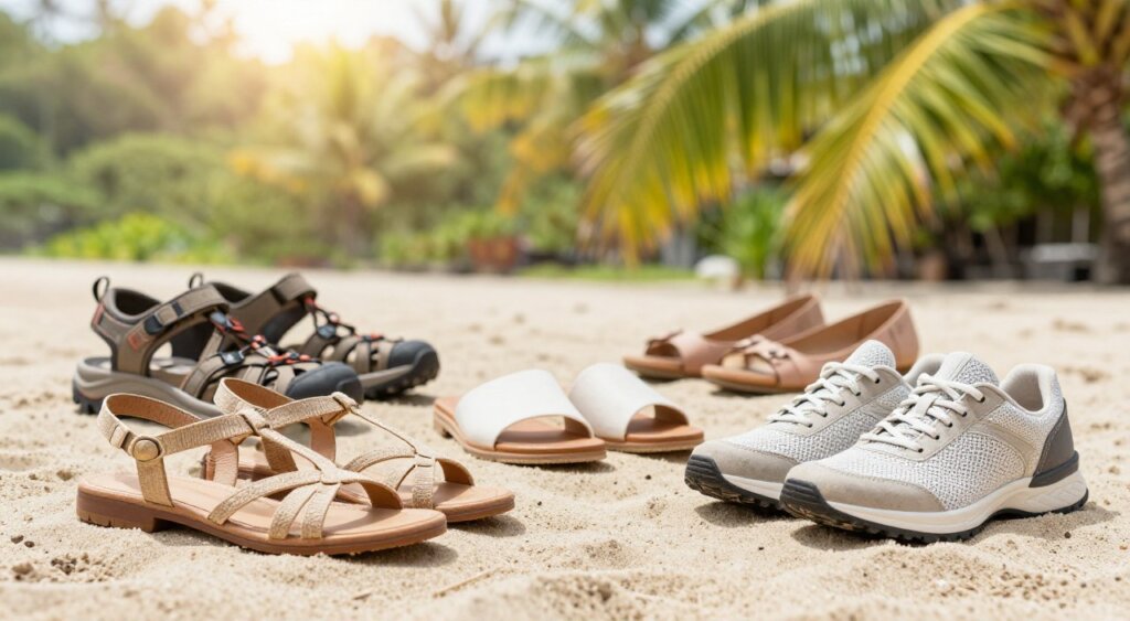 A curated display of essential footwear for solo female travelers, featuring an array of stylish sandals and enclosed shoes. In the foreground, showcase a pair of elegant strappy sandals with natural textures, next to a chic pair of breathable sneakers. In the middle ground, include a sturdy pair of hiking sandals and fashionable flats, artfully arranged on a soft, sandy surface reminiscent of a tropical beach. The background should depict a lush, verdant landscape typical of Bali, with gentle sunlight filtering through palm leaves, creating a warm, inviting atmosphere. Utilize a shallow depth of field to emphasize the footwear while softly blurring the background, simulating a professional photojournalism style with natural lighting and vibrant colors, capturing the essence of travel and adventure.