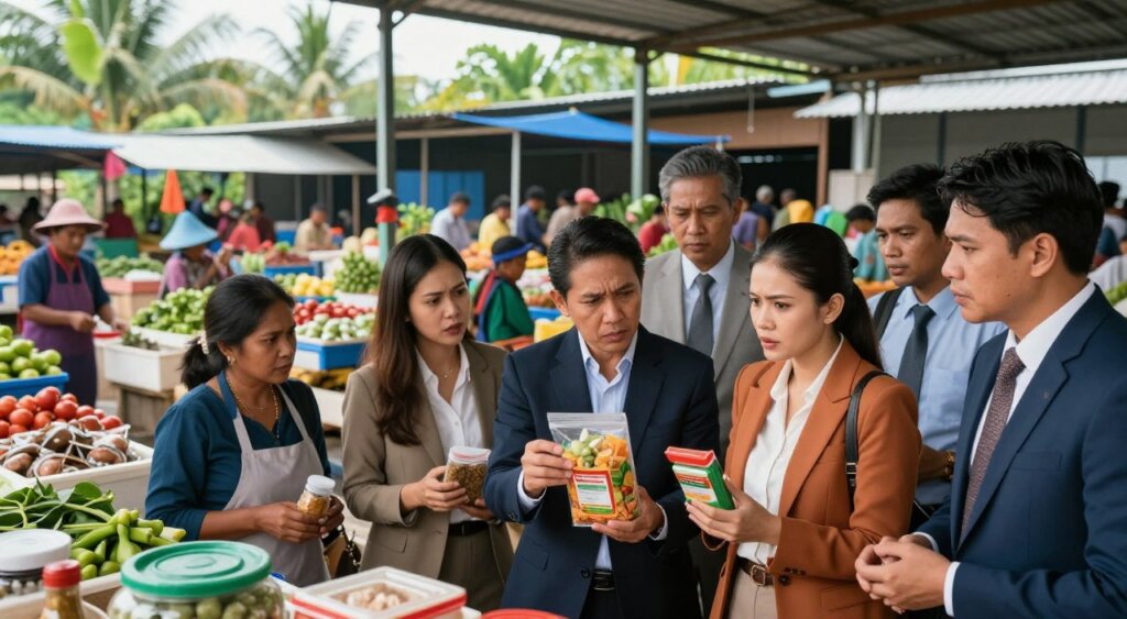 A detailed and vivid depiction of challenges in food safety management within the supply chain, set against a Southeast Asian backdrop. In the foreground, a diverse group of professionals in smart business attire are examining various food products and samples, looking concerned as they discuss potential hazards. In the middle ground, a bustling market scene reflects the complexities of food supply, with vendors selling fresh produce and seafood, while unsanitary conditions are subtly highlighted. The background features a lush landscape typical of Southeast Asia, with tropical plants and infrastructure illustrating the region’s climate impact. Soft, natural lighting creates a serious yet hopeful atmosphere, captured as if by a professional photojournalist, using a wide-angle lens to encompass the scene broadly. The image conveys the urgency of addressing food safety challenges without any text or distracting elements.