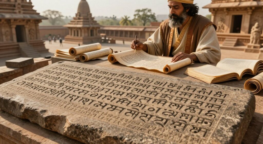 A detailed and vivid illustration of the historical development of the Brahmi script. In the foreground, ancient inscriptions of Brahmi characters carved on stone tablets, showcasing their evolution into modern scripts. The middle ground features a scholar in historical attire, examining a parchment scroll with early Brahmi writing, surrounded by scrolls and reference texts. The background includes a serene view of ancient temples, hinting at the cultural context of the script’s origins. Soft, warm lighting enhances the atmosphere, evoking a sense of nostalgia and discovery. The image is captured from a slightly elevated angle, creating depth and focusing on the intricate details. The overall mood is scholarly and reflective, ideal for a historical exploration.