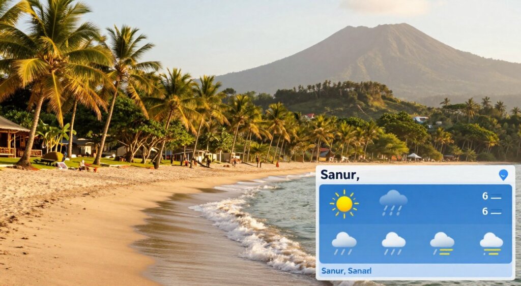 A detailed comparison of the weather in Sanur, Bali, contrasted against other Balinese regions. In the foreground, showcase Sanur beach with vibrant sunlight, gentle waves lapping at the shore. Place a digital weather chart overlay with symbols representing sunny, rainy, and humid conditions, with Sanur highlighted. The middle ground features palm trees swaying slightly in a light breeze, typical of Sanur’s climate. Transition to the background showing lush green hills and mountains indicative of Ubud and a volcano silhouette reminiscent of Mt. Agung. Use warm golden hour lighting to enhance a serene and inviting atmosphere. The scene should evoke a sense of tranquility and natural beauty, captured from a slightly elevated angle to give a sweeping view of the landscape. A detailed comparison of the weather in Sanur, Bali, contrasted against other Balinese regions. In the foreground, showcase Sanur beach with vibrant sunlight, gentle waves lapping at the shore. Place a digital weather chart overlay with symbols representing sunny, rainy, and humid conditions, with Sanur highlighted. The middle ground features palm trees swaying slightly in a light breeze, typical of Sanur’s climate. Transition to the background showing lush green hills and mountains indicative of Ubud and a volcano silhouette reminiscent of Mt. Agung. Use warm golden hour lighting to enhance a serene and inviting atmosphere. The scene should evoke a sense of tranquility and natural beauty, captured from a slightly elevated angle to give a sweeping view of the landscape.