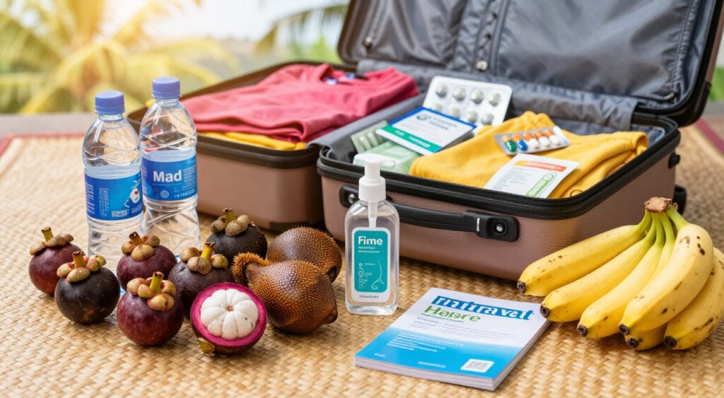 A detailed flat lay of pre-travel food safety preparations displayed on a traditional Balinese woven mat. In the foreground, a colorful array of local fruits—like mangosteen, snake fruit, and bananas—juxtaposed with well-labeled bottled water, hand sanitizer, and a travel health guide. In the middle ground, an open suitcase partially filled with sunlight-hued clothing and a health kit, featuring medications and anti-diarrheal preparations. In the background, a subtle hint of a tropical landscape, with palm trees and gentle sunlight filtering through, creating a warm, inviting atmosphere. The focus should be sharp and vibrant, capturing the essence of preparation and safety, with natural lighting enhancing colors and textures. The composition should evoke a sense of mindful travel readiness. A detailed flat lay of pre-travel food safety preparations displayed on a traditional Balinese woven mat. In the foreground, a colorful array of local fruits—like mangosteen, snake fruit, and bananas—juxtaposed with well-labeled bottled water, hand sanitizer, and a travel health guide. In the middle ground, an open suitcase partially filled with sunlight-hued clothing and a health kit, featuring medications and anti-diarrheal preparations. In the background, a subtle hint of a tropical landscape, with palm trees and gentle sunlight filtering through, creating a warm, inviting atmosphere. The focus should be sharp and vibrant, capturing the essence of preparation and safety, with natural lighting enhancing colors and textures. The composition should evoke a sense of mindful travel readiness.