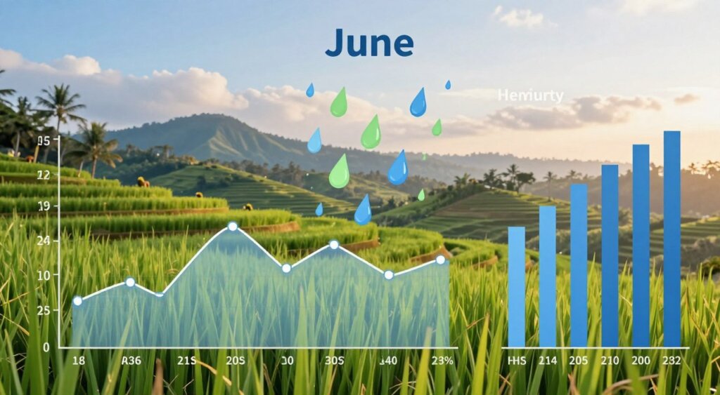 A detailed illustration depicting the temperature, humidity, and rainfall trends for Bali in June. In the foreground, a stylish line graph showcasing temperature fluctuations, with temperature markers clearly labeled. Adjacent to the graph, a bar chart illustrating humidity levels, with varying shades of blue to depict different humidity percentages. In the middle, a rain chart with stylized rain icons, indicating rainfall amounts throughout the month, using soft colors like green and blue for a fresh feel. The background features a serene Bali landscape – lush green rice terraces, gentle hills, and a clear sky transitioning into soft clouds, illuminated by warm, diffused sunlight. The overall mood is inviting and informative, ideal for travel planning. Use a soft focus for the background to ensure clarity on the data visuals. A detailed illustration depicting the temperature, humidity, and rainfall trends for Bali in June. In the foreground, a stylish line graph showcasing temperature fluctuations, with temperature markers clearly labeled. Adjacent to the graph, a bar chart illustrating humidity levels, with varying shades of blue to depict different humidity percentages. In the middle, a rain chart with stylized rain icons, indicating rainfall amounts throughout the month, using soft colors like green and blue for a fresh feel. The background features a serene Bali landscape – lush green rice terraces, gentle hills, and a clear sky transitioning into soft clouds, illuminated by warm, diffused sunlight. The overall mood is inviting and informative, ideal for travel planning. Use a soft focus for the background to ensure clarity on the data visuals.
