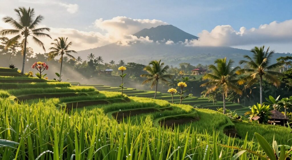 A detailed illustration of Ubud's seasonal climate patterns, showcasing a vibrant Bali landscape. In the foreground, lush green rice terraces glisten with morning dew under soft golden sunlight, emphasizing the rainy season character. The middle layer features a diverse array of tropical plants, including frangipani and coconut trees, gently swaying in a light breeze. In the background, majestic mountains peek through scattered fluffy clouds, hinting at the transition between wet and dry seasons. The atmosphere is serene and inviting, reflecting the natural beauty of Ubud. The lighting is warm and bright, capturing the essence of both sunny and rainy days, with a focus on rich greens and soft blue skies. The perspective is slightly elevated, allowing for a panoramic view of this picturesque environment.