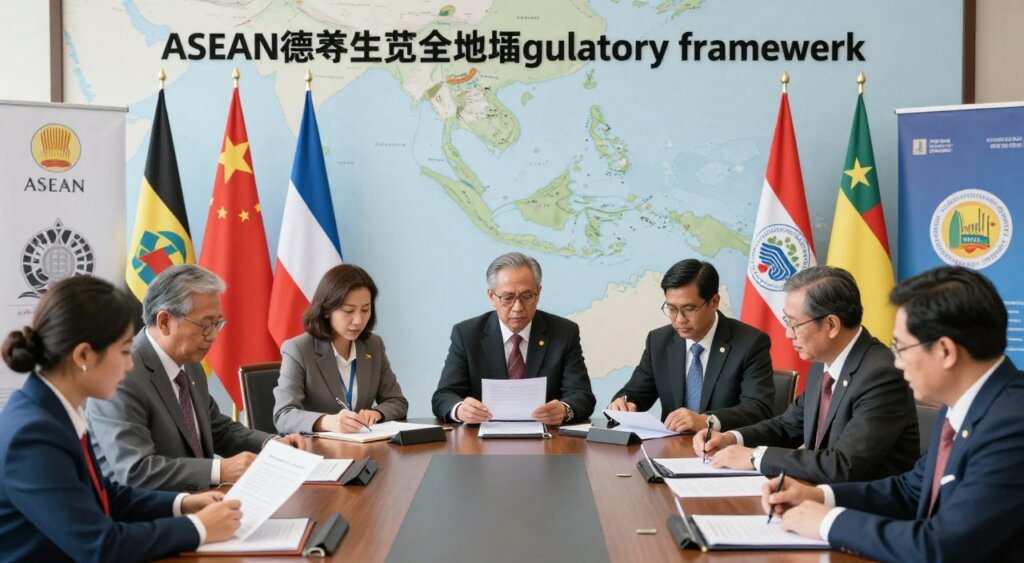 A detailed illustration of the ASEAN food safety policy regulatory framework, depicting a vivid scene that captures the collaboration of ASEAN member country representatives. In the foreground, a diverse group of professionals in business attire are engaged in a round table discussion, analyzing documents and sharing ideas, showcasing unity in tackling food safety challenges. In the middle ground, banners and visuals representing various ASEAN countries create a vibrant backdrop. The background features a map of Southeast Asia subtly integrated into the design, illustrating regional cooperation on food safety. Use soft, natural lighting highlighting the seriousness yet hopeful atmosphere of the meeting, with a focus on clarity and professionalism, resembling high-quality photojournalism similar to National Geographic.