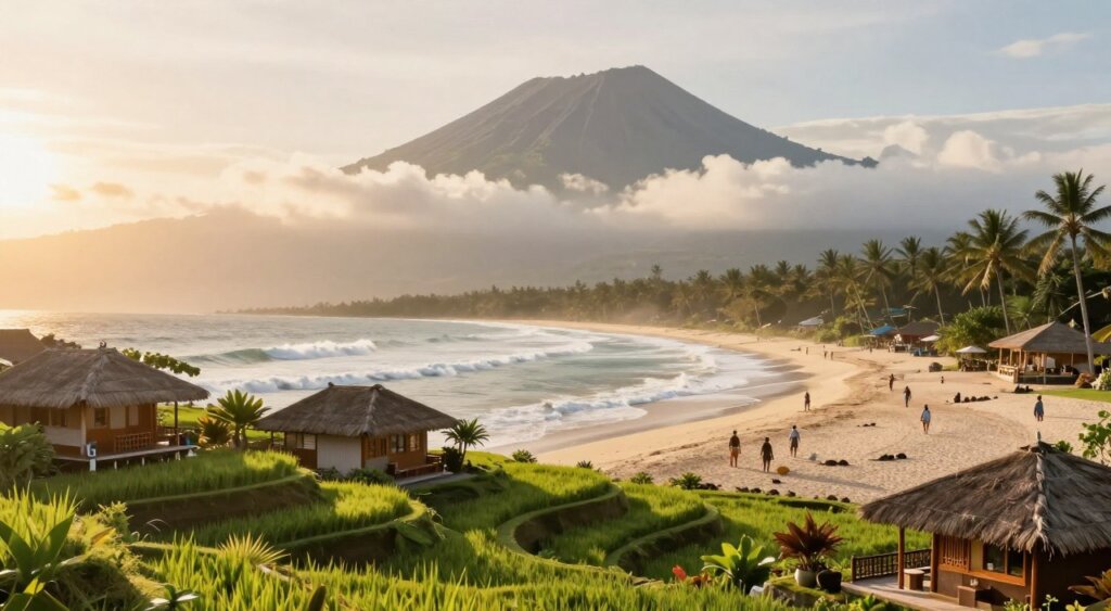 A detailed illustration showcasing the regional weather variations in Bali, highlighting distinct areas like lush Ubud with its vibrant rice terraces and cozy villas under a warm, golden sunset in the foreground. In the middle, display the sparkling beaches of Seminyak with gentle waves and people in modest beachwear enjoying the mild, breezy weather. The background should showcase the towering, misty peaks of Mount Agung, partially shrouded in cloud cover, indicating cooler temperatures at higher altitudes. Soft, diffused lighting enhances the warm and inviting atmosphere, while a lens flare effect captures the essence of a tropical paradise. Aim for a balanced composition that emphasizes the diversity of Bali’s landscape and climate in December.