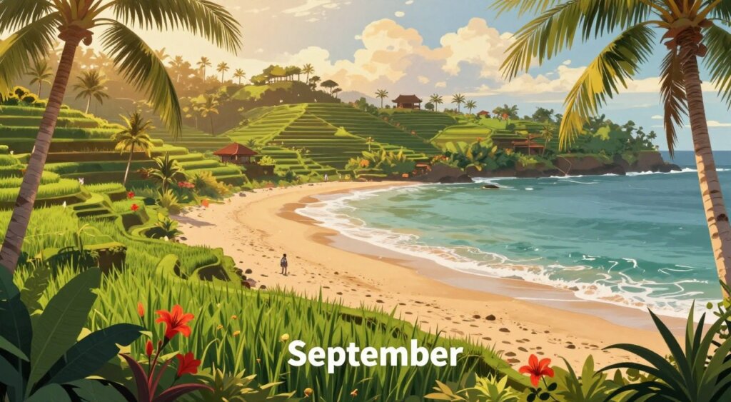 A detailed illustration showcasing the seasonal climate comparison of Bali, with a focus on September. In the foreground, display lush tropical plants and vibrant flowers typical of Bali's flora. In the middle ground, depict a gentle expanse of beach with soft golden sand and serene waves lapping at the shore, highlighting the warm, inviting ambiance. The background should feature the iconic rice terraces with varying shades of green, symbolizing the region’s agricultural richness. Capture the warm sunlight filtering through the clouds, casting a golden hue over the scene, to evoke a sense of tranquility and warmth. This image should embody the tropical paradise atmosphere of Bali, making viewers feel the season's inviting charm. Use a wide-angle lens to enhance the landscape's depth and vibrancy, ensuring the overall composition exudes a peaceful yet vivid mood.