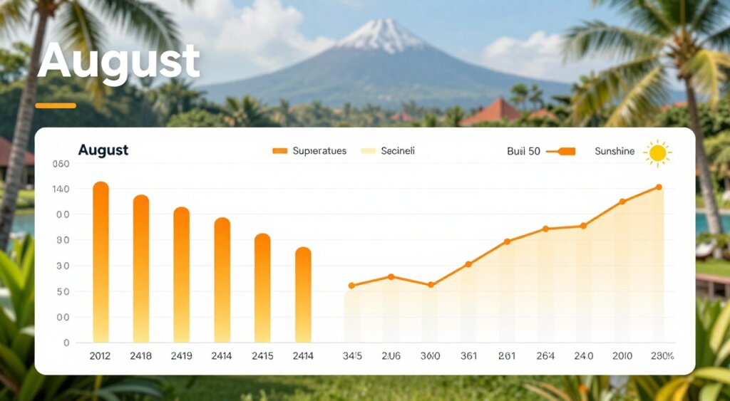 A detailed, informative weather chart for Bali in August, showcasing daily temperature variations and hours of sunshine. The foreground features a sleek, modern bar chart displaying temperature, with bright and warm colors representing higher temperatures. Adjacent, a line graph depicts sunshine hours in a contrasting color, elegantly flowing across the chart. The middle layer includes clear data labels and a grid for easy readability. In the background, a subtle, tropical-themed illustration of Bali's lush greenery and iconic landscapes adds contextual beauty without overpowering the data. The overall atmosphere is bright and inviting, with natural lighting to evoke the warmth of Bali in August. The composition is clean and professional, suitable for an informative article about Bali's weather.