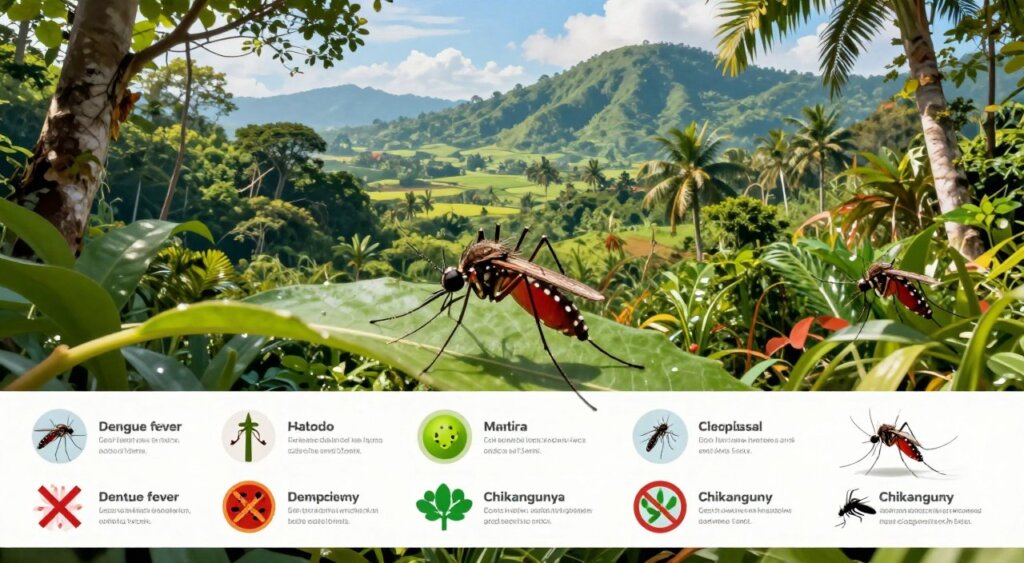 A detailed overview of mosquito-borne diseases in Southeast Asia, featuring a vibrant illustration of a lush tropical landscape in the background, with dense greenery typical of the region. In the foreground, an infographic style display includes visual representations of common diseases like dengue fever, malaria, and chikungunya, depicted as colorful icons alongside mosquitoes in action. The middle section captures a close-up of a mosquito perched on a leaf, emphasizing its role in disease transmission. The lighting is bright and natural, evoking a warm, humid atmosphere typical of Southeast Asian climates. The composition is balanced, showcasing both the beauty of nature and the seriousness of public health concerns, reminiscent of National Geographic photojournalism style.