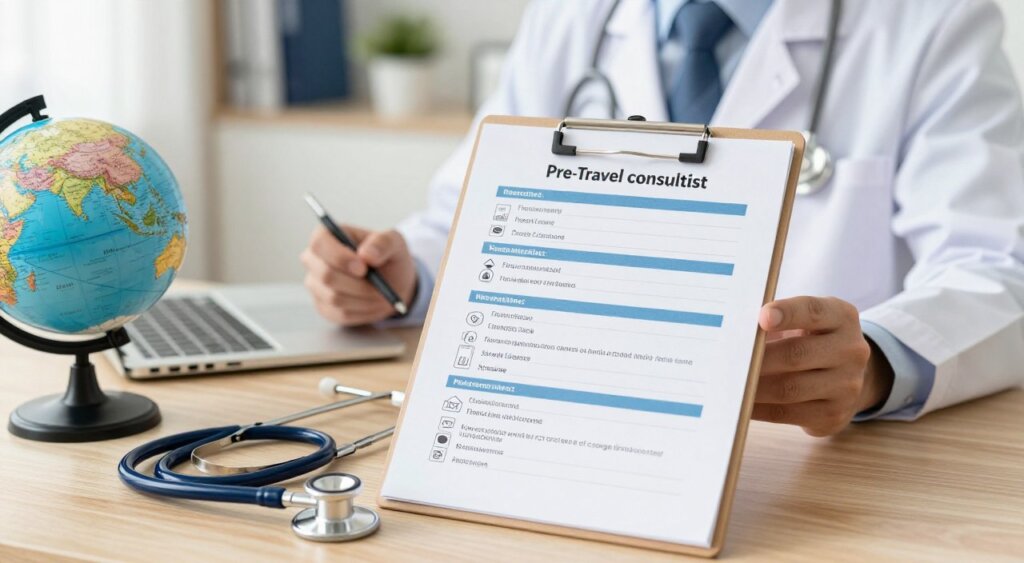 A detailed, professional medical checklist for pre-travel consultations, prominently displayed on a wooden desk. The checklist includes icons for vaccinations, health precautions, and medicines tailored for tropical diseases, reflecting travel needs for Asia. In the foreground, a stethoscope and a globe signify global health awareness, while a laptop shows travel-related information, creating a busy yet organized workspace. In the middle ground, a medical professional in business attire reviews the checklist, embodying knowledge and preparedness. The background features a soft-focus setting of a medical office, with warm, natural lighting that creates an inviting atmosphere. The overall mood is focused and informative, capturing the essence of travel health strategies. A detailed, professional medical checklist for pre-travel consultations, prominently displayed on a wooden desk. The checklist includes icons for vaccinations, health precautions, and medicines tailored for tropical diseases, reflecting travel needs for Asia. In the foreground, a stethoscope and a globe signify global health awareness, while a laptop shows travel-related information, creating a busy yet organized workspace. In the middle ground, a medical professional in business attire reviews the checklist, embodying knowledge and preparedness. The background features a soft-focus setting of a medical office, with warm, natural lighting that creates an inviting atmosphere. The overall mood is focused and informative, capturing the essence of travel health strategies.