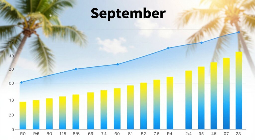 A detailed temperature and humidity chart for September in Bali, showcasing a visually appealing layout. In the foreground, vibrant bar graphs depicting daily temperature variations, with a smooth gradient from warm yellow to cooler blue tones. The middle section features elegant line graphs illustrating humidity levels, using soft curves that harmonize with the bar graphs. The background is a subtle tropical scene with faint palm trees and a soft, sunlit sky to evoke the feeling of Bali in September. The overall mood should be informative yet inviting, with bright, clear lighting to enhance the readability of the chart. The composition must be clean and professional, completely free from any text, captions, or watermarks.