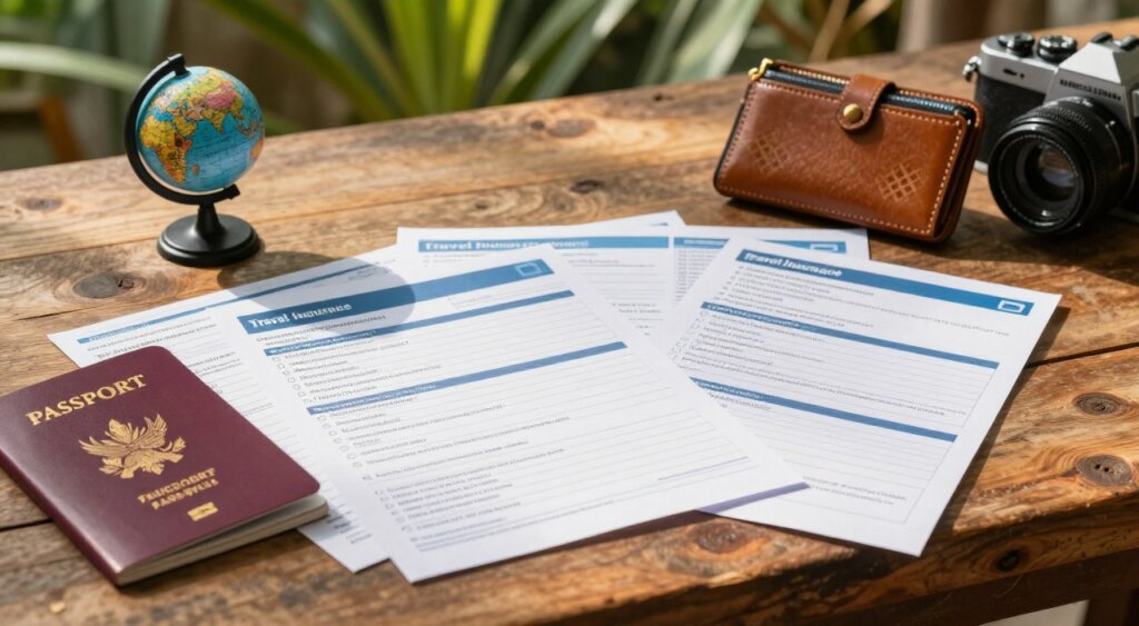 A detailed travel documents checklist laid out on a rustic wooden table, featuring items like a passport, visa, vaccination certificates, travel insurance papers, and flight itineraries. Surround these essential documents with a small globe, a stylish travel wallet, and a camera, to convey the adventure of traveling. In the background, soft tropical foliage can be seen, hinting at the Bali destination. The lighting is warm and inviting, reminiscent of a sunny day, with natural sunlight streaming in from the side, casting gentle shadows. The composition should evoke feelings of excitement and preparation, capturing the essence of thoughtful traveling in a realistic photojournalism style. The angle is slightly overhead for a clear view of the checklist items without any distractions.