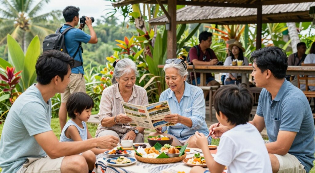 A diverse group of travelers gathered in a serene Bali setting, illustrating special considerations for different traveler groups. In the foreground, a young family with children enjoys a picnic with traditional Balinese dishes, showcasing family-friendly travel. In the middle, an elderly couple examines travel brochures while seated at a rustic café, emphasizing the needs of older travelers. In the background, a solo backpacker captures scenic views with a camera, representing adventurous solo travelers. Bright, natural lighting enhances the tropical ambiance, with lush green foliage and vibrant flowers surrounding the scene. The angle captures the warmth and togetherness of travel camaraderie, creating an inviting and informative atmosphere. The overall mood is friendly, relaxed, and culturally rich, perfect for illustrating thoughtful travel considerations in Bali. A diverse group of travelers gathered in a serene Bali setting, illustrating special considerations for different traveler groups. In the foreground, a young family with children enjoys a picnic with traditional Balinese dishes, showcasing family-friendly travel. In the middle, an elderly couple examines travel brochures while seated at a rustic café, emphasizing the needs of older travelers. In the background, a solo backpacker captures scenic views with a camera, representing adventurous solo travelers. Bright, natural lighting enhances the tropical ambiance, with lush green foliage and vibrant flowers surrounding the scene. The angle captures the warmth and togetherness of travel camaraderie, creating an inviting and informative atmosphere. The overall mood is friendly, relaxed, and culturally rich, perfect for illustrating thoughtful travel considerations in Bali.