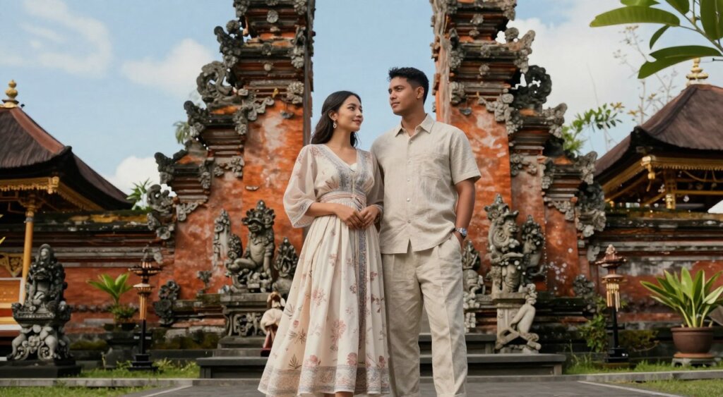 A fashionable couple standing together in a serene Balinese temple setting, showcasing a blend of traditional and modern attire that respects local customs. The foreground features the couple, dressed in elegant and modest clothing—light, airy fabrics with subtle floral patterns; the woman in a flowing maxi dress with sleeves, and the man in a tailored short-sleeve shirt and linen trousers. The middle ground reveals intricate stone carvings of the temple and lush greenery, enhancing the cultural context. The background displays a clear blue sky with soft, diffused sunlight illuminating the scene, creating a warm and inviting atmosphere. Capture this image with a wide-angle lens at a slightly elevated angle, emphasizing the couple's connection to Bali's rich heritage and vibrant culture.