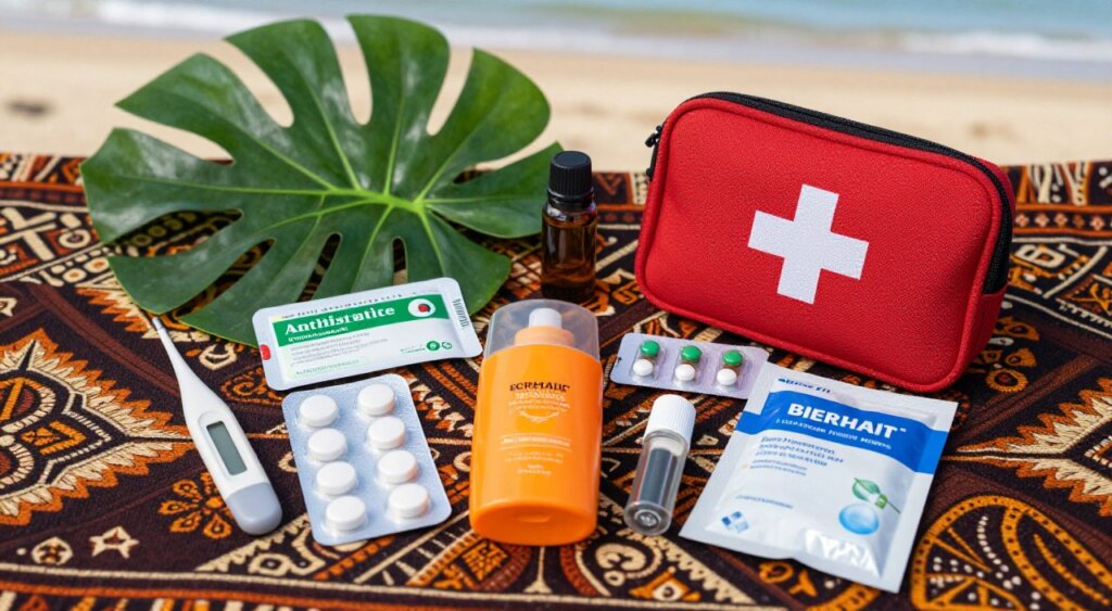A flat lay composition featuring health essentials for traveling to Bali, arranged on a vibrant batik fabric background. In the foreground, display items such as a digital thermometer, various packaged medications including antihistamines, insect repellent, sunscreen, a first aid kit, and rehydration salts. In the middle ground, include natural elements like tropical leaves and a small bottle of essential oils for relaxation. The background should subtly feature Bali-inspired elements, such as a sand and sea color palette. Use natural lighting to create a warm, inviting atmosphere, reminiscent of a sunny tropical day. Capture the image from a top-down angle to emphasize organization and accessibility of travel health items, evoking a sense of preparedness and safety for travelers.