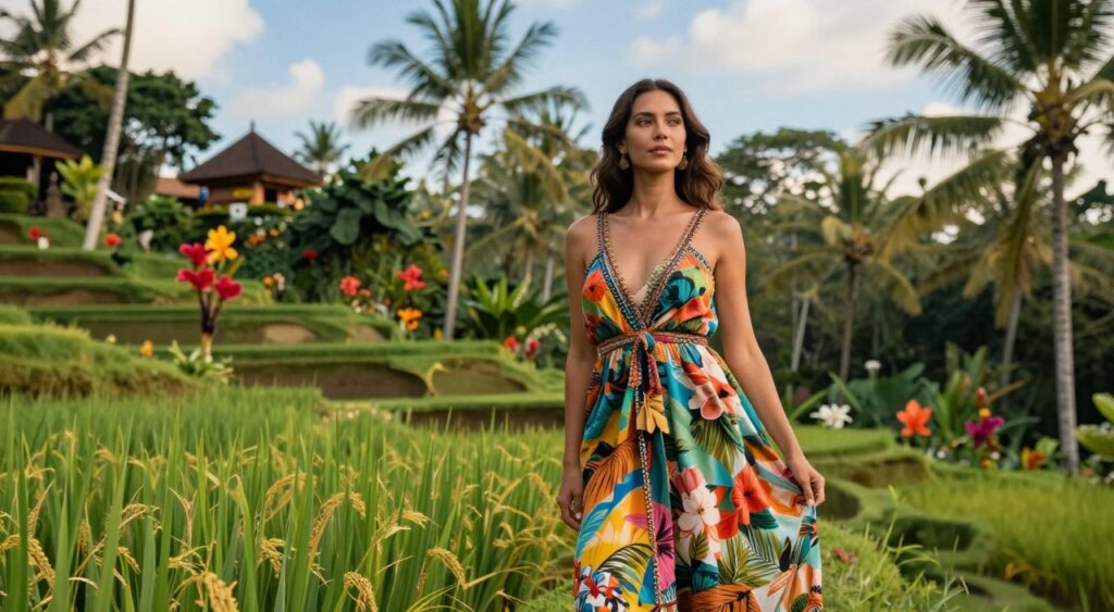 A graceful woman stands confidently in the foreground, wearing a flowing, colorful dress inspired by Bali’s tropical landscapes, adorned with floral patterns and natural fibers. Her hair is elegantly styled, embodying a carefree yet refined aesthetic. In the middle ground, lush green rice terraces stretch into the distance, dotted with vibrant tropical flowers and palm trees, reflecting Bali's rich natural beauty. The background captures a serene blue sky and the hint of traditional Balinese architecture peeking through the foliage. Use warm, natural lighting to enhance the vibrant colors and create a soft, inviting atmosphere, reminiscent of a sunlit afternoon in Bali. The angle is slightly low to emphasize the model's poise against the breathtaking backdrop, evoking a sense of tranquility and elegance.