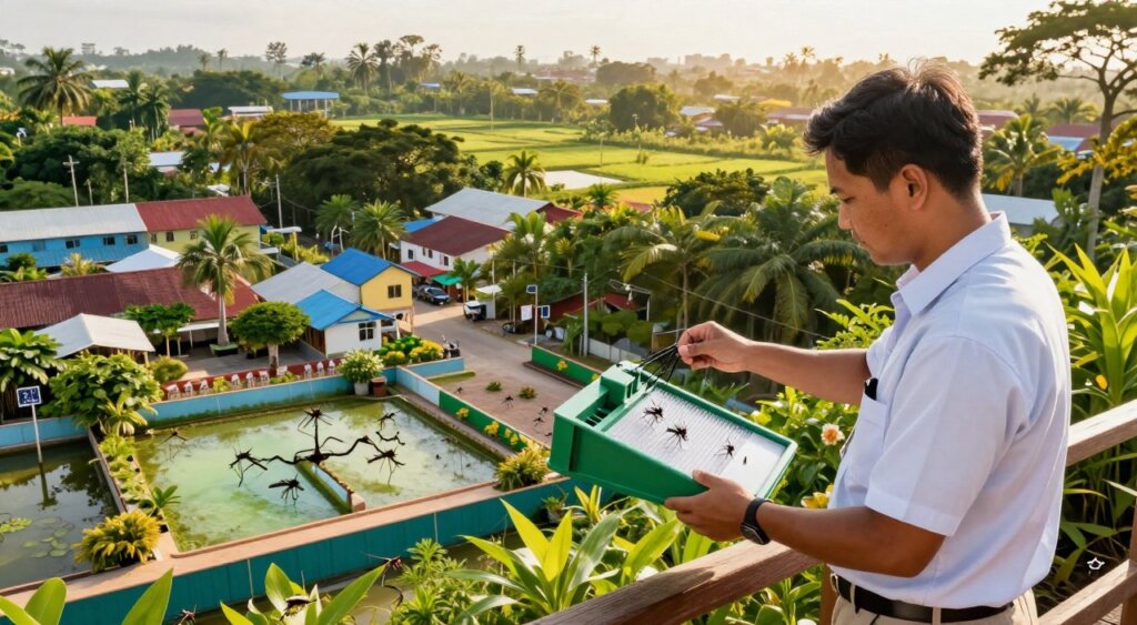 A high-resolution, professional photojournalism-style image showcasing innovative vector control strategies against mosquitoes in a Southeast Asian landscape. In the foreground, a researcher in smart casual attire demonstrates a modern trapping device designed to capture and monitor mosquito populations. The middle ground features a vibrant urban or rural setting with eco-friendly pest control measures visible, such as natural barriers, larvicide application, or biocontrol agents like dragonflies. The background offers lush greenery characteristic of Southeast Asia, bathed in warm, golden sunlight to create a hopeful and proactive atmosphere. The composition is vibrant and detailed, emphasizing both scientific advancement and environmental harmony, taken from a slightly elevated angle to capture depth and context.