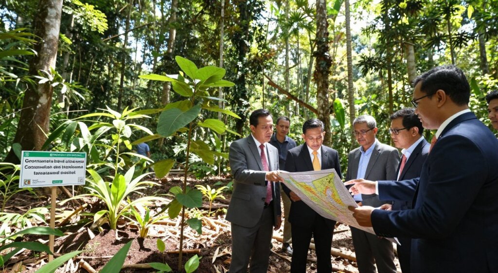 A lush Indonesian rainforest scene depicting the impact of government forest conservation policies. In the foreground, a diverse group of professionals in business attire examines a detailed map of the region, engaged in a discussion about sustainable practices. In the middle ground, young trees and native plants are being planted, with a visible sign promoting government conservation efforts. The background features towering trees and a clear sky, with sunlight filtering through the leaves, creating dappled light across the forest floor. The image conveys a sense of hope and collaboration, emphasizing the importance of conservation in combating deforestation. The style should be realistic and vibrant, capturing the essence of photojournalism with a bright, optimistic atmosphere.