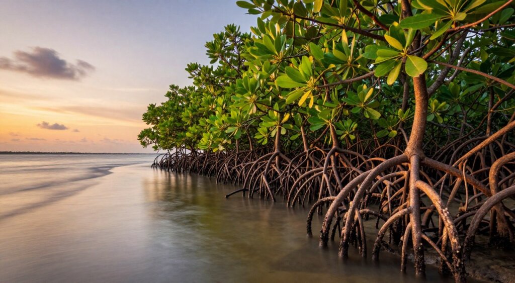A lush mangrove forest at sunset, showcasing the intricate root systems above and below the waterline. In the foreground, detailed close-ups of mangrove roots emerging from the tidal water, their texture illuminated by warm, golden light. In the middle ground, clusters of vibrant green mangrove trees stretch towards the sky, creating a harmonious blend of deep greens and earthy browns. The background features a tranquil lagoon reflecting the colorful sky, with soft waves gently lapping at the shore. The atmosphere is serene and inviting, exemplifying the beauty and ecological importance of mangroves in carbon sequestration. Capture this scene with a wide-angle lens, emphasizing depth and clarity, while maintaining a photojournalistic and realistic style.