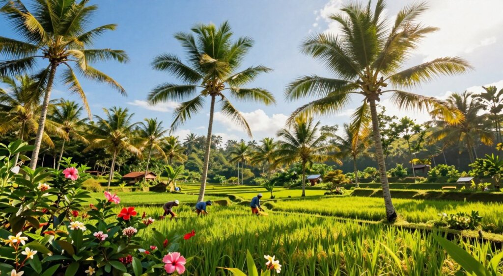 A lush tropical Bali landscape under a bright blue sky, showcasing vibrant green palm trees swaying gently in a warm breeze. In the foreground, clusters of colorful tropical flowers bloom, such as hibiscus and frangipani, adding vivid splashes of color. The middle ground features a serene rice paddy, glistening with sunlight, where local farmers in modest casual clothing work. In the background, gentle hills rise covered in thick jungle foliage. The overall atmosphere exudes tranquility and warmth, highlighted by soft golden sunlight filtering through the leaves, creating dappled patterns on the ground. A low-angle perspective captures the expansive sky, emphasizing the idyllic tropical climate of Bali in May, perfect for travelers seeking paradise. A lush tropical Bali landscape under a bright blue sky, showcasing vibrant green palm trees swaying gently in a warm breeze. In the foreground, clusters of colorful tropical flowers bloom, such as hibiscus and frangipani, adding vivid splashes of color. The middle ground features a serene rice paddy, glistening with sunlight, where local farmers in modest casual clothing work. In the background, gentle hills rise covered in thick jungle foliage. The overall atmosphere exudes tranquility and warmth, highlighted by soft golden sunlight filtering through the leaves, creating dappled patterns on the ground. A low-angle perspective captures the expansive sky, emphasizing the idyllic tropical climate of Bali in May, perfect for travelers seeking paradise.