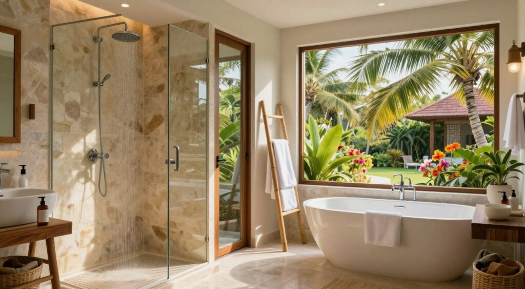 A luxurious tropical bathroom featuring a beautifully designed open shower space created with natural stone tiles and a rain showerhead, accompanied by a freestanding soaking bathtub adorned with lush green plants nearby. The foreground showcases elegant wooden accents and neatly arranged bath products. In the middle, tall glass doors allow sunlight to filter in, creating a warm, inviting atmosphere, while a bamboo ladder holds soft, fluffy towels. In the background, large windows frame a breathtaking view of a tropical garden with vibrant flowers and palm trees swaying gently. Soft, diffused lighting imbues the scene with a serene ambiance, captured from a slightly elevated angle to emphasize the spaciousness and harmony of the design, evoking a tranquil Bali-inspired retreat.