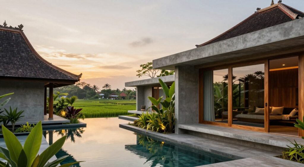 A modern Balinese architectural scene featuring a blend of traditional and contemporary materials. In the foreground, showcase sleek concrete structures with natural wooden accents, integrating large glass windows that reflect the surrounding lush greenery. In the middle ground, include a serene infinity pool with subtle lighting, surrounded by tropical plants, creating a seamless connection to nature. The background should present distant rice paddies under a soft, golden sunset sky, casting warm hues throughout the scene. Use a wide-angle lens perspective to capture the expansive layout, emphasizing harmony and tranquility. The atmosphere should evoke serene sophistication, with natural light illuminating the materials, enhancing the modern yet culturally rich aesthetic of Bali architecture.