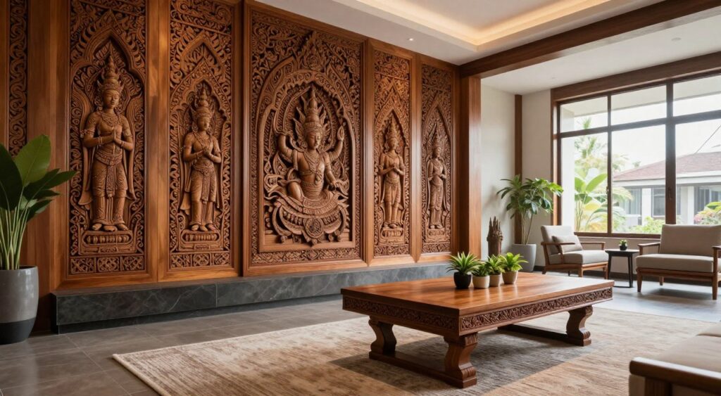 A modern interior space featuring elegant Balinese wood carvings artfully integrated into the design. In the foreground, a beautifully carved wooden coffee table adorned with small potted plants sits atop a textured, neutral-toned rug. The middle section showcases a feature wall adorned with intricate Balinese wood panels, showcasing intricate designs that reflect traditional craftsmanship. In the background, large windows allow natural light to flood the room, illuminating the warm wooden tones and enhancing the inviting atmosphere. The overall mood is serene and sophisticated, accentuated by soft, diffused lighting that highlights the carvings' details. The camera angle is slightly elevated, providing a comprehensive view of the harmonious blend of modern aesthetics and traditional art. No human figures are included.