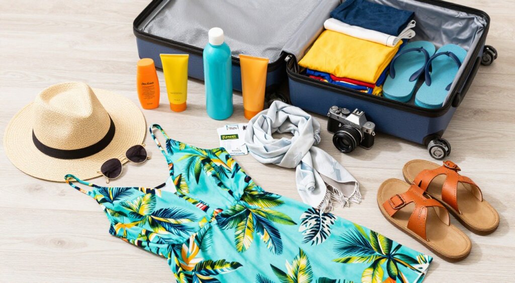 A neatly organized travel packing scene for Australian travelers, featuring essential items laid out on a light wooden surface. In the foreground, a stylish beach outfit with a sunhat, sunglasses, a tropical print dress, and trendy sandals. In the middle, a beach bag filled with sunscreen, a reusable water bottle, and travel documents, along with a camera and a light scarf. The background showcases a travel-ready suitcase partially open, revealing neatly folded clothes and a pair of flip-flops. Bright, natural lighting creates a cheerful, vibrant atmosphere, highlighting the colors of the items. The angle should capture the arrangement from a slightly elevated perspective, making it visually appealing and Instagram-worthy, ideal for inspiring travelers.