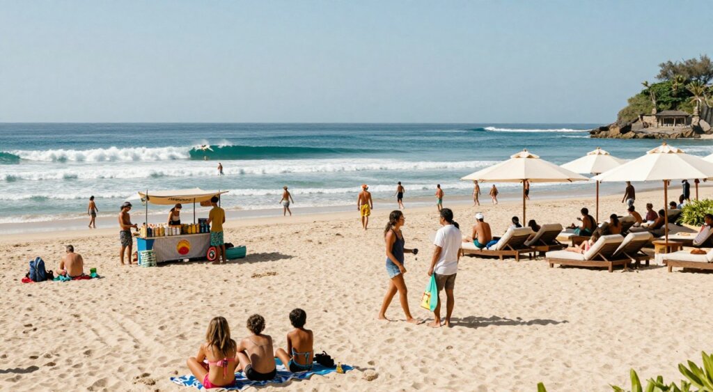 A photojournalism-style image comparing Kuta and Seminyak beaches in Bali, Indonesia. In the foreground, depict a vibrant beach scene with families and groups of friends enjoying the day, dressed in casual summer clothing. In the middle ground, show the contrasting beach atmospheres: Kuta's lively surf culture with surfers catching waves and beach vendors selling refreshments, while Seminyak showcases upscale beach clubs with elegant lounge chairs and umbrellas. In the background, include the clear blue ocean meeting the horizon under a bright, sunny sky. Use warm, natural lighting to create an inviting atmosphere, shot with a slightly wide-angle lens to capture the expansive beach views and ambiance of both locations, highlighting their unique characters.