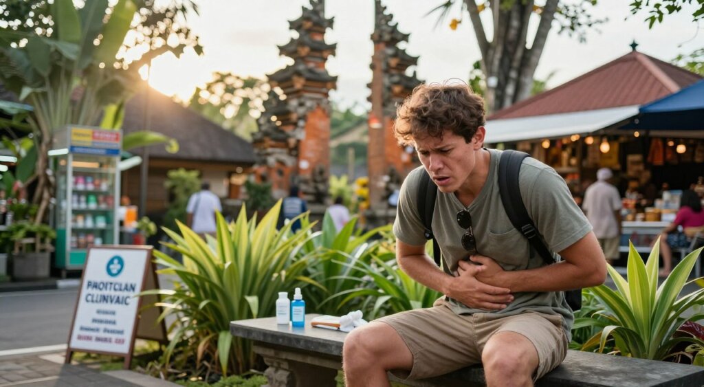 A photojournalistic scene capturing a traveler in Bali experiencing discomfort from traveler's diarrhea. In the foreground, a concerned traveler, dressed in modest casual clothing, sits on a stone bench surrounded by lush tropical greenery. Their expression reflects urgency and concern. In the middle ground, local health resources are subtly suggested, like a nearby pharmacy and a sign for a local clinic, enhancing the context of seeking care. The background showcases iconic Balinese architecture, such as ornate temples and vibrant markets, under the warm glow of late afternoon sunlight filtering through the trees. The composition should feel inviting yet urgent, illustrating the balance between enjoying Bali’s beauty and understanding the realities of health while traveling. The image should have a sharp focus and natural color palette, evoking an atmosphere of awareness and care. A photojournalistic scene capturing a traveler in Bali experiencing discomfort from traveler's diarrhea. In the foreground, a concerned traveler, dressed in modest casual clothing, sits on a stone bench surrounded by lush tropical greenery. Their expression reflects urgency and concern. In the middle ground, local health resources are subtly suggested, like a nearby pharmacy and a sign for a local clinic, enhancing the context of seeking care. The background showcases iconic Balinese architecture, such as ornate temples and vibrant markets, under the warm glow of late afternoon sunlight filtering through the trees. The composition should feel inviting yet urgent, illustrating the balance between enjoying Bali’s beauty and understanding the realities of health while traveling. The image should have a sharp focus and natural color palette, evoking an atmosphere of awareness and care.