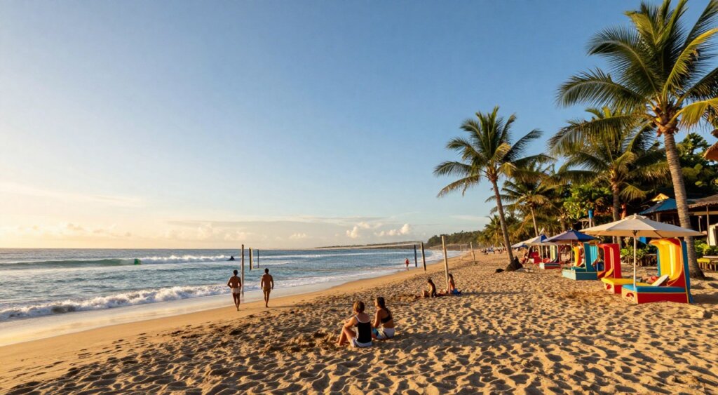A picturesque Bali beach scene in September, featuring golden sand lined with gentle waves under a clear blue sky. In the foreground, a few people in modest beach attire enjoy the sun, setting up beach umbrellas and playing beach volleyball. In the middle ground, vibrant beach cabanas and lush green palm trees sway gently in the warm breeze. The background showcases the crystal-clear ocean, with a few surfers catching waves and a distant horizon where the sun casts a warm orange glow, hinting at a beautiful sunset. Soft lighting enhances the serene and inviting atmosphere, as the image captures the tranquil beauty of Bali's beaches in early autumn. Shot with a wide-angle lens to emphasize the expanse of the shore and the dynamic activities of visitors.