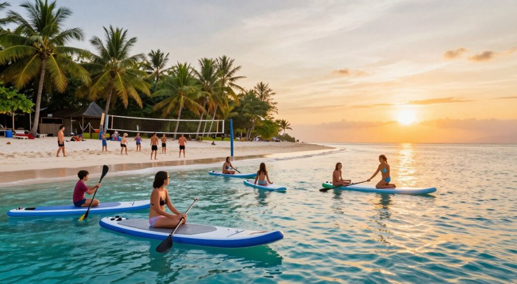 A picturesque Bali beach scene showcasing vibrant water activities. In the foreground, families and friends in modest, casual beach attire enjoy paddleboarding and kayaking in the crystal-clear turquoise waters. In the middle ground, a group of people engage in friendly volleyball on the sandy beach, surrounded by lush green palm trees. The background features a stunning sunset, casting warm golden hues across the sky and reflecting on the water's surface. The image is captured with a wide-angle lens, emphasizing the expanse of the beach and creating a sense of adventure. The atmosphere is lively and joyful, displaying the spirit of summer in Bali. Soft, natural lighting enhances the vibrant colors and the overall inviting ambiance of this tropical paradise.