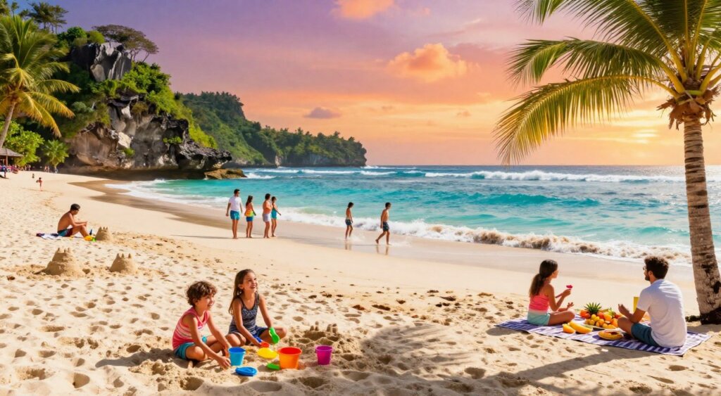 A picturesque family-friendly beach scene in Bali during golden hour, showcasing soft white sands and gentle, crystal-clear turquoise waves lapping at the shore. In the foreground, a couple of children play joyfully with colorful beach toys, their laughter evident in their bright smiles. Nearby, a family enjoys a picnic under a shaded palm tree, with a spread of tropical fruits and snacks. In the middle ground, groups of families stroll along the shoreline, constructing sandcastles and splashing in shallow waters. The background features lush green cliffs and a vibrant sunset sky painted in hues of orange, pink, and purple. The lighting is warm and inviting, evoking a sense of joy and relaxation. Use a wide-angle lens to capture the expansive beauty of the beach and the happiness of families enjoying their day.