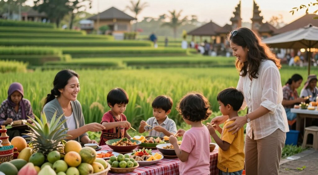 A picturesque family scene set in Bali, showcasing practical travel tips for visiting with children. In the foreground, a diverse family of four—two parents and two kids—engaged in a fun activity, like exploring a local market or enjoying a picnic with traditional Balinese food. The parents wear modest casual clothing, and the children are dressed in colorful but appropriate attire. The middle of the image features vibrant local crafts and fresh tropical fruits displayed enticingly, with locals engaging with the family, emphasizing a welcoming atmosphere. In the background, lush green rice terraces and a hint of Bali's iconic temples bathe in soft, golden hour lighting, creating an inviting and warm mood. Use a shallow depth of field to highlight the family while keeping the beautiful landscape gently blurred.