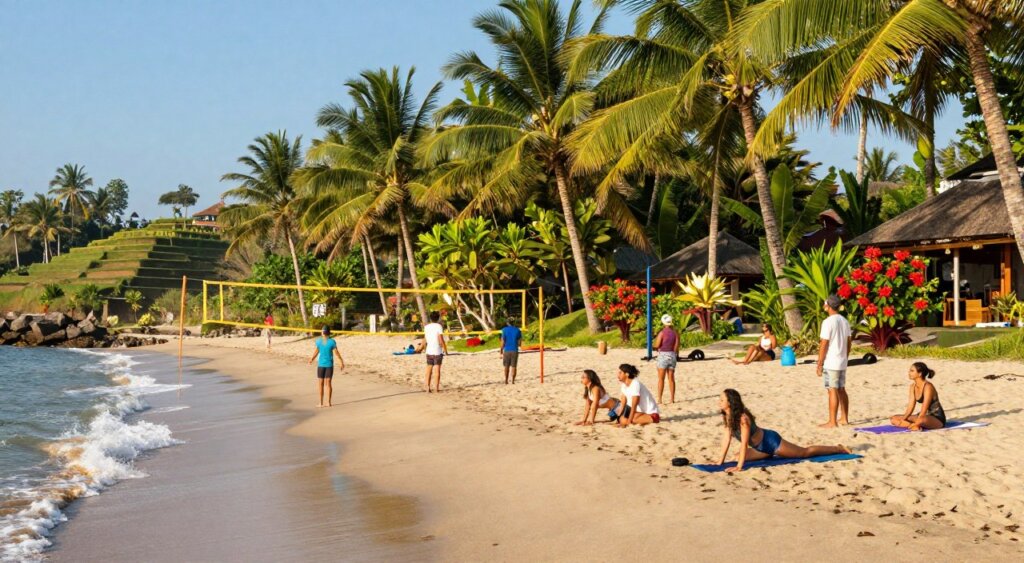 A picturesque scene capturing the essence of Bali in June, featuring a vibrant beach with pristine sand and gentle waves lapping at the shore. In the foreground, a diverse group of travelers in modest casual clothing enjoy beach activities, such as beach volleyball and yoga on a mat. The middle ground showcases lush green palm trees swaying gently in the warm breeze, while colorful tropical flowers bloom nearby. In the background, the iconic rice terraces of Bali are visible under a clear blue sky, bathed in golden sunlight. The mood is lively and cheerful, reflecting the joy of outdoor adventures and cultural experiences. The image should have soft, natural lighting with a focus on the vivid colors of nature, captured from a slightly elevated perspective that emphasizes the scenery. A picturesque scene capturing the essence of Bali in June, featuring a vibrant beach with pristine sand and gentle waves lapping at the shore. In the foreground, a diverse group of travelers in modest casual clothing enjoy beach activities, such as beach volleyball and yoga on a mat. The middle ground showcases lush green palm trees swaying gently in the warm breeze, while colorful tropical flowers bloom nearby. In the background, the iconic rice terraces of Bali are visible under a clear blue sky, bathed in golden sunlight. The mood is lively and cheerful, reflecting the joy of outdoor adventures and cultural experiences. The image should have soft, natural lighting with a focus on the vivid colors of nature, captured from a slightly elevated perspective that emphasizes the scenery.