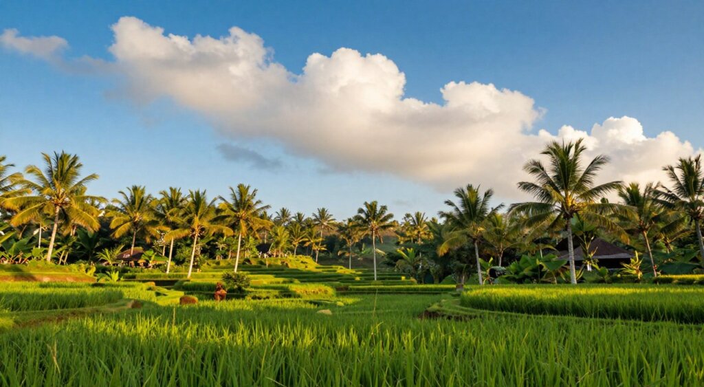 A picturesque scene capturing the essence of Bali's weather in March, with vivid blue skies dotted with fluffy white clouds in the foreground. In the middle ground, a lush tropical landscape featuring vibrant green rice terraces and palm trees swaying gently in the breeze, illustrating Bali's serene natural beauty. The background showcases gentle hills under warm sunlight, emphasizing a tranquil atmosphere. The light is soft and golden, mimicking the sun’s warm glow typical of March. The overall mood is inviting and peaceful, reflecting the pleasant weather averages for this time of year. No people or text are present, ensuring a focus solely on the beautiful scenery.