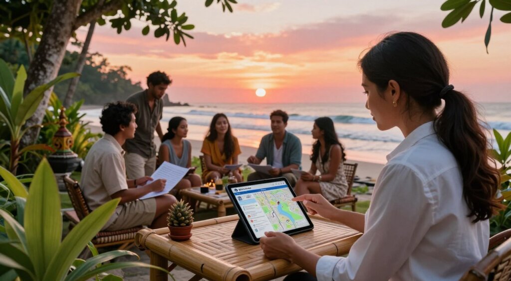 A picturesque scene capturing travel safety insights set in Bali. In the foreground, a professional travel advisor, dressed in smart casual attire, is reviewing a digital tablet, displaying maps and safety tips about Bali. She is seated at a bamboo table, surrounded by lush tropical plants and traditional Balinese décor. In the middle ground, a diverse group of travelers, also in modest clothing, discusses itineraries, reflecting camaraderie and excitement. The background features a serene beach with gentle waves, vibrant orange and pink hues in the sky from a sunset. The lighting is warm and inviting, creating a soothing atmosphere. Capture this image in crisp detail with a slightly wide-angle lens to emphasize the vibrant surroundings and the engaging dynamics between the travelers.