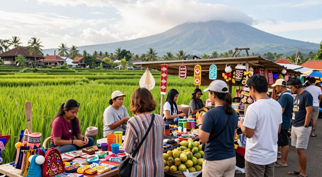 A picturesque scene depicting budget travel in Bali during November, showcasing a vibrant local market filled with colorful handcrafted goods and fresh tropical fruits. In the foreground, a diverse group of travelers, dressed in modest casual clothing, enthusiastically explore the stalls, examining unique souvenirs. In the middle ground, the stalls are adorned with traditional Balinese decorations, while locals warmly engage with the visitors. The background features lush green rice terraces under a bright, partly cloudy sky, with distant volcanic mountains adding depth to the landscape. Soft, natural lighting enhances the warm atmosphere, evoking a sense of adventure and cultural immersion. The composition should be shot from a slightly elevated angle to capture the lively interaction between travelers and locals. The overall mood is cheerful and inviting, embodying the magic of Bali while emphasizing budget-friendly experiences.