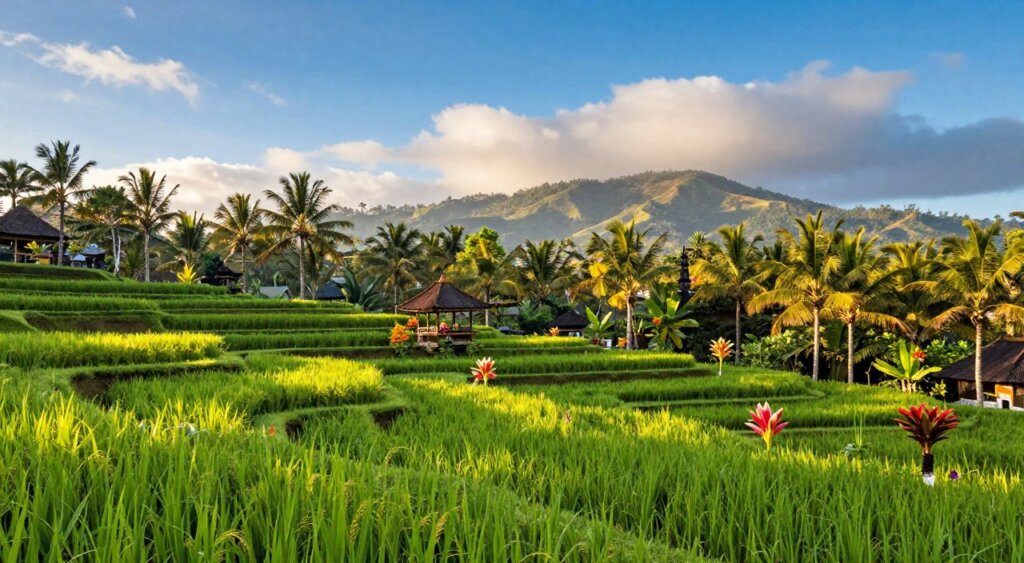 A picturesque scene of Bali in April, capturing the transition from the wet season to the dry season. In the foreground, vibrant green rice terraces glisten with moisture, dotted with a few colorful, blooming tropical flowers. The middle ground features a traditional Balinese pavilion nestled among lush palm trees, suggesting a sense of tranquility. In the background, soften illuminated hills rise under a bright blue sky, with wisps of white clouds hinting at occasional rain showers, creating a dynamic weather atmosphere. The sunlight casts warm golden hues, enhancing the vibrant colors. The mood is serene yet alive, embodying the lush beauty of Bali as it shifts into the dry season, with a wide-angle view that emphasizes the expansive landscape. A picturesque scene of Bali in April, capturing the transition from the wet season to the dry season. In the foreground, vibrant green rice terraces glisten with moisture, dotted with a few colorful, blooming tropical flowers. The middle ground features a traditional Balinese pavilion nestled among lush palm trees, suggesting a sense of tranquility. In the background, soften illuminated hills rise under a bright blue sky, with wisps of white clouds hinting at occasional rain showers, creating a dynamic weather atmosphere. The sunlight casts warm golden hues, enhancing the vibrant colors. The mood is serene yet alive, embodying the lush beauty of Bali as it shifts into the dry season, with a wide-angle view that emphasizes the expansive landscape.
