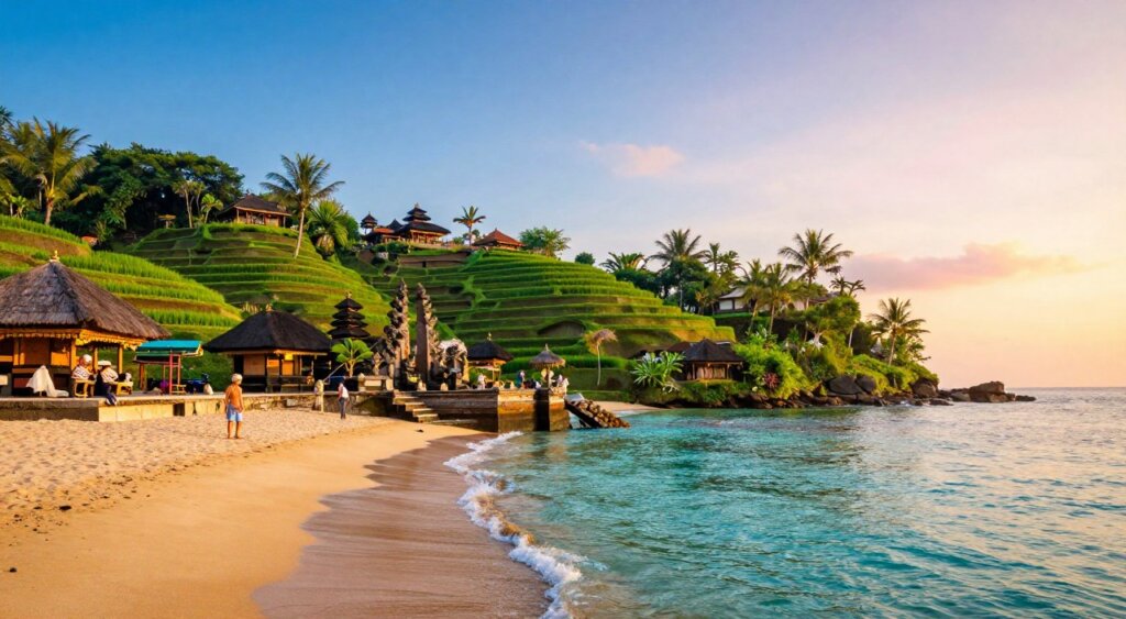 A picturesque scene of Bali showcasing vibrant beaches, intricate temples, and lush rice terraces. In the foreground, golden sands gently meet crystal-clear turquoise waters, where a few tourists in modest casual clothing enjoy the tranquil environment. The middle ground features iconic Balinese temples adorned with ornate carvings and surrounded by tropical greenery. Majestic rice terraces cascade down the landscape, their vivid green contrasting beautifully with the blue sky above. The background displays a stunning sunset, casting warm golden and pink hues that illuminate the scene, creating a peaceful and inviting atmosphere. Use a wide-angle lens to capture the expansive beauty of the landscape, and aim for soft, natural lighting to emphasize the serene and cultural essence of Bali in July.