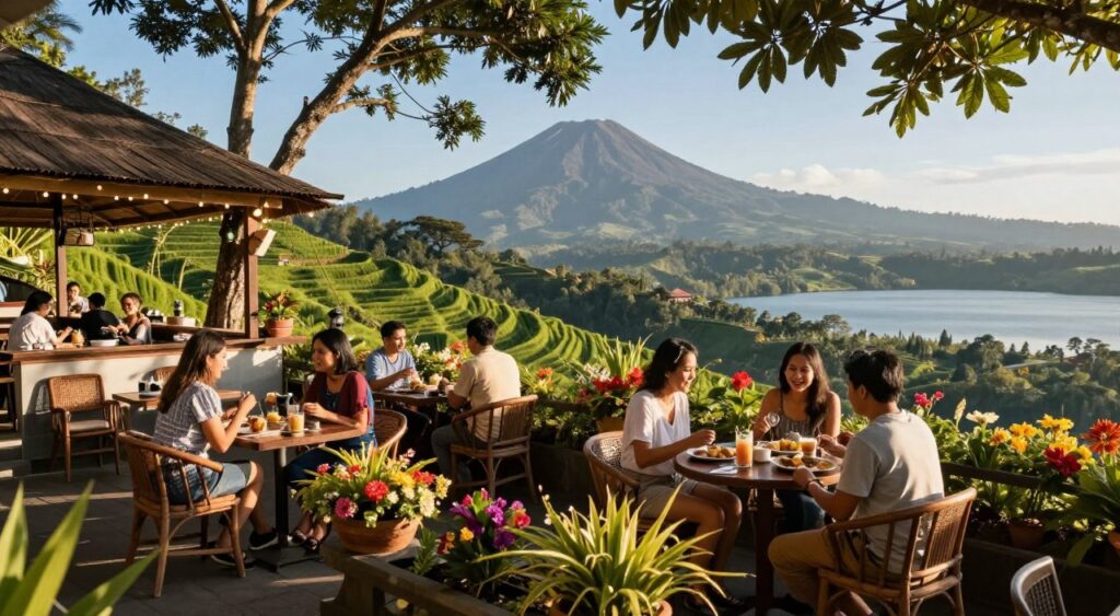 A picturesque scene of Penelokan, featuring charming restaurants and cafes nestled amidst lush green hills of Kintamani, Bali. In the foreground, a cozy café terrace with elegant wooden furniture, adorned with colorful potted flowers and twinkling fairy lights. In the middle ground, small groups of people enjoying their meals, dressed in casual yet stylish clothing, engaged in conversations. The background showcases stunning panoramic views of the volcanic landscape, with Mount Batur and serene lake views under a clear blue sky. Soft, warm sunlight filters through the trees, creating inviting shadows and highlights. The mood is relaxed and inviting, capturing the essence of local culture and community life, perfect for Instagram-worthy moments.