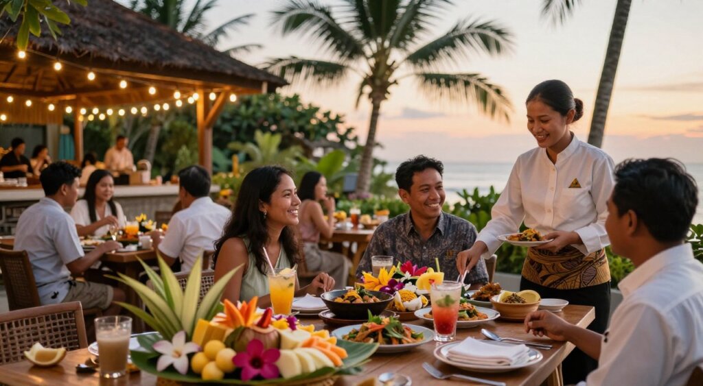 A picturesque scene of an outdoor dining restaurant in Bali, showcasing a beautifully set table with traditional Balinese dishes, fresh tropical fruits, and refreshing cocktails. In the foreground, vibrant flowers adorn the table, while friendly, smiling servers dressed in elegant yet casual attire attend to guests. The middle ground features diners enjoying their meals under softly glowing string lights, creating a warm and inviting atmosphere. In the background, lush greenery and palm trees sway gently in the soft May breeze, with a sunset casting a golden hue over the scene. The lighting is warm and inviting, suggesting a peaceful evening ambiance, captured with a slightly blurred depth of field to emphasize the dining experience. The overall mood is relaxed, celebratory, and exotic, ideal for those looking to enjoy Bali's culinary delights. A picturesque scene of an outdoor dining restaurant in Bali, showcasing a beautifully set table with traditional Balinese dishes, fresh tropical fruits, and refreshing cocktails. In the foreground, vibrant flowers adorn the table, while friendly, smiling servers dressed in elegant yet casual attire attend to guests. The middle ground features diners enjoying their meals under softly glowing string lights, creating a warm and inviting atmosphere. In the background, lush greenery and palm trees sway gently in the soft May breeze, with a sunset casting a golden hue over the scene. The lighting is warm and inviting, suggesting a peaceful evening ambiance, captured with a slightly blurred depth of field to emphasize the dining experience. The overall mood is relaxed, celebratory, and exotic, ideal for those looking to enjoy Bali's culinary delights.