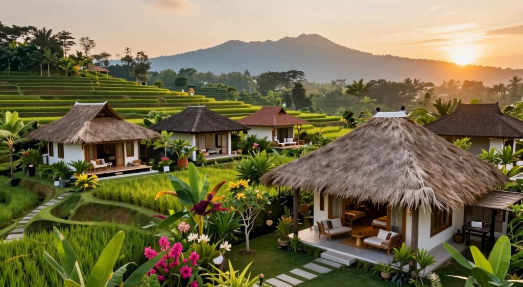 A picturesque scene showcasing Ubud accommodation options, blending luxury and nature. In the foreground, a serene villa with a thatched roof, surrounded by lush, tropical gardens and vibrant flowers. A cozy outdoor seating area with elegant furnishings invites relaxation. In the middle ground, various boutique hotels displaying traditional Balinese architecture, each with unique design elements, intertwined with greenery. The background features rice terraces cascading down gentle hills, and the soft silhouettes of distant mountains under a brilliant sunset. The atmosphere is tranquil and inviting, with warm golden lighting casting a soft glow. Captured with a wide-angle lens to emphasize the beauty of the landscape and showcasing a harmonious balance between comfort and nature. A picturesque scene showcasing Ubud accommodation options, blending luxury and nature. In the foreground, a serene villa with a thatched roof, surrounded by lush, tropical gardens and vibrant flowers. A cozy outdoor seating area with elegant furnishings invites relaxation. In the middle ground, various boutique hotels displaying traditional Balinese architecture, each with unique design elements, intertwined with greenery. The background features rice terraces cascading down gentle hills, and the soft silhouettes of distant mountains under a brilliant sunset. The atmosphere is tranquil and inviting, with warm golden lighting casting a soft glow. Captured with a wide-angle lens to emphasize the beauty of the landscape and showcasing a harmonious balance between comfort and nature.